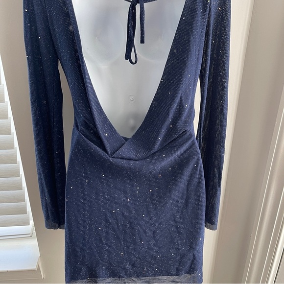 Sequined Navy Flare Long Sleeves Mini Dress - Picture 6 of 13